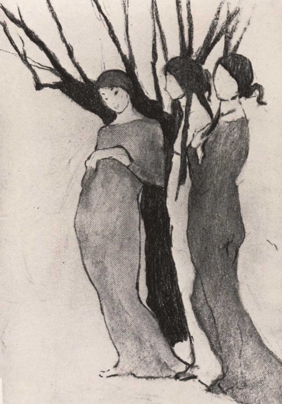 Three woman in front of tree